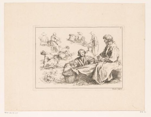 Six gardening figures with two seated figures in the foreground