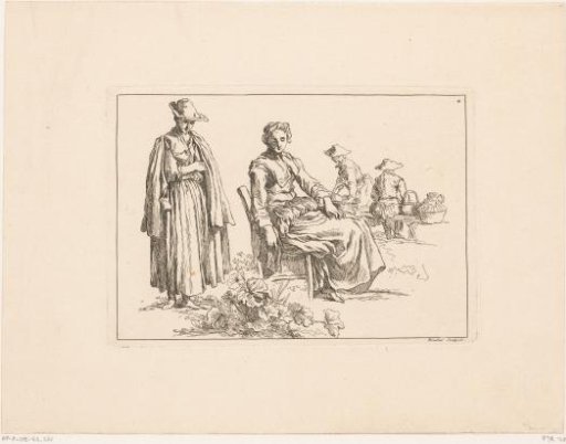 Four gardening figures with a woman on a chair in the middle