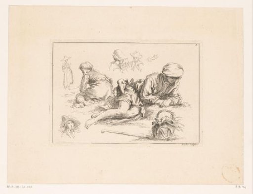 Seven figures with a lying boy in the middle