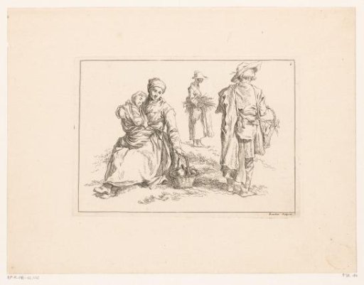 Four figures with a mother with child on the left
