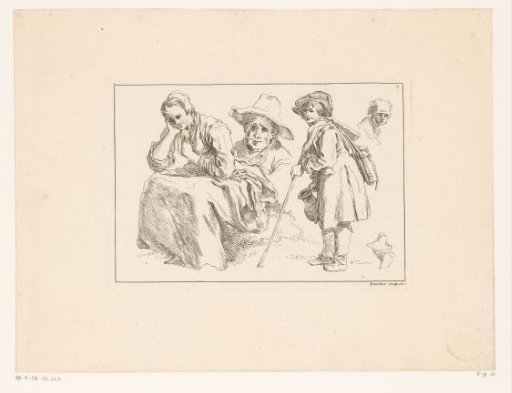 Five figures with a seated woman and a standing boy with a walking stick