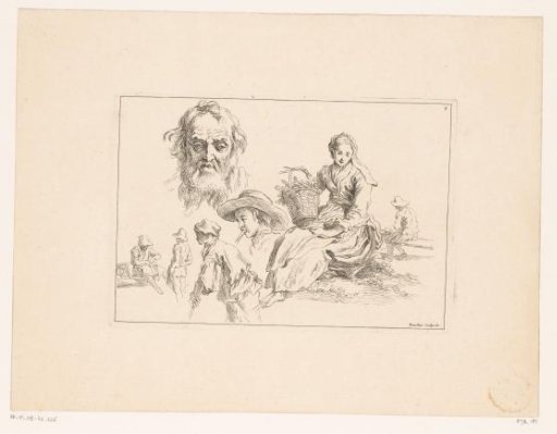 Seven figures with a seated woman holding a basket and the head of an old man