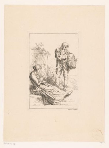 Seated woman and standing man with a basket in a landscape