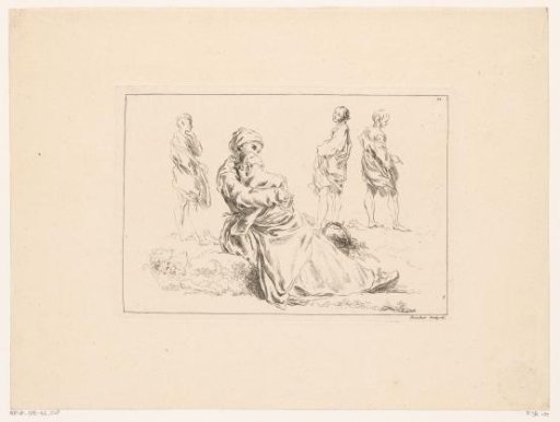 Mother with child, seated in a landscape with three figures
