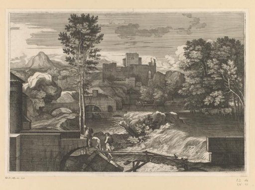 Landscape with buildings and two figures on a bridge