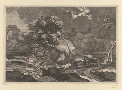Landscape with a shepherd and a cart, drawn by oxen, struck by lightning