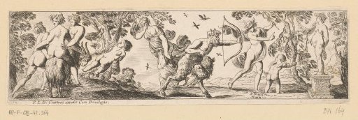 Satyr shoots an arrow at a statue of Bacchus while Mercury looks on