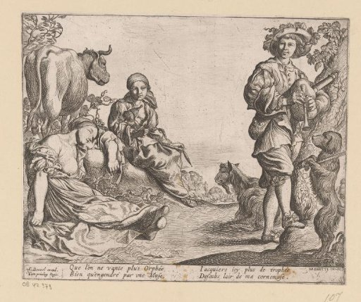 Shepherd makes dog dance beside a sleeping and a spinning shepherdess