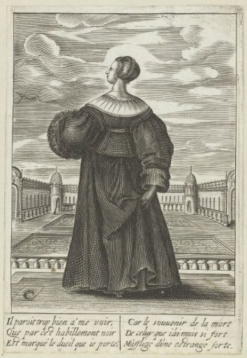 French lady in mourning clothes in a palace garden