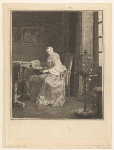 Woman in an interior with a barrel organ