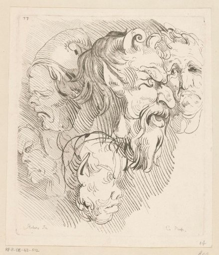 Group of five heads of satyrs