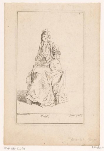 Seated woman looking upwards in a mantle with a boned edge