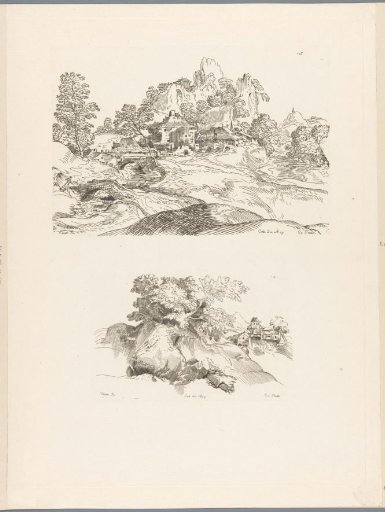 Mountain landscape with houses at the foot of a mountain