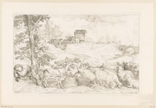 River landscape with a sleeping shepherd with his flock