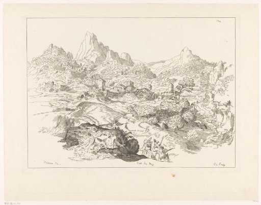 Mountain landscape with shepherds and in the background a village with a watermill