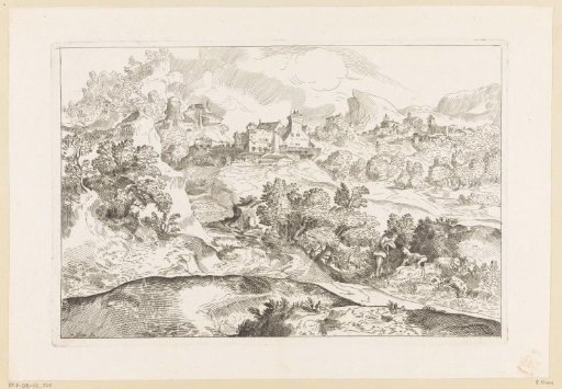 Mountain landscape with shepherds and in the background two villages