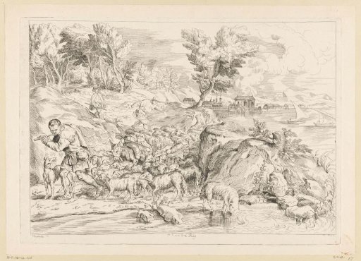 Landscape with a flock of sheep and a flute-playing shepherd in the foreground