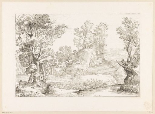 Forest landscape with a stream and a rock with trees