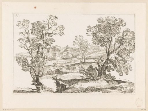 Landscape with river and trees, with a fortified city in the background