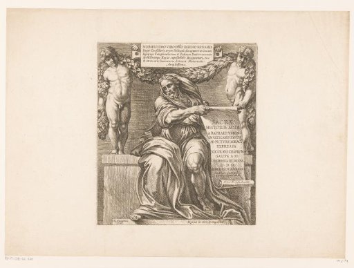 Title page print with the prophet Isaiah with scroll and two putti