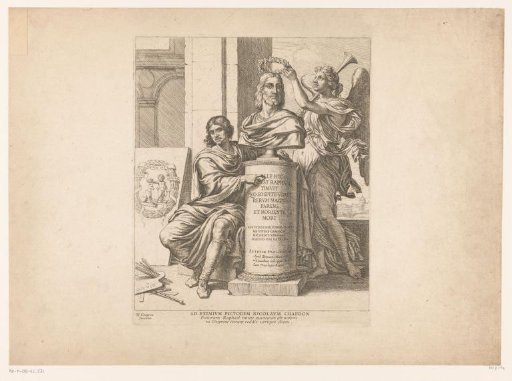 Title page print with Nicolas Chaperon, seated next to a bust of Raphael crowned by Fame