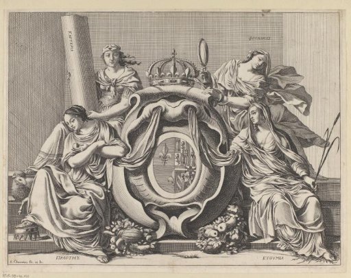 Crowned coat of arms of Anna of Austria between four Virtues