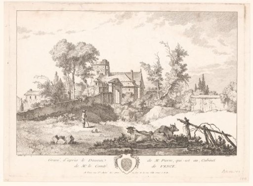 Landscape at the edge of a village, in the foreground two cows
