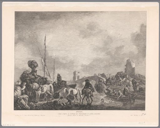 Figures in a busy harbour with a bridge in the background