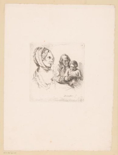 Composition with the head of a woman and an old man with a child on his lap
