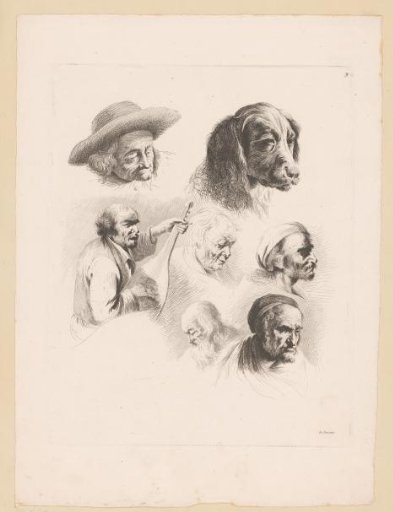Composition with six heads of different men and the head of a dog