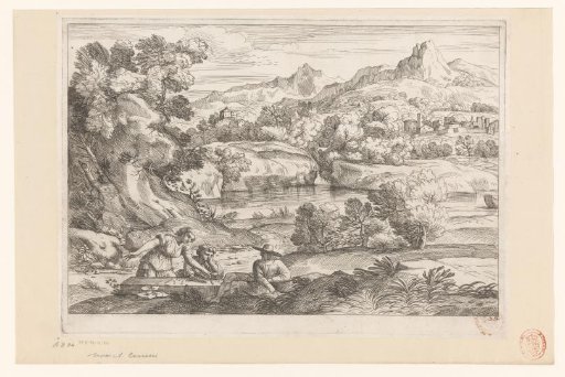 River landscape with playing figures