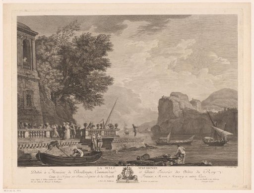 Figures on a terrace by a lake with boats