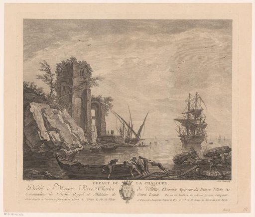 View of a harbour with a ruin and figures near a skiff