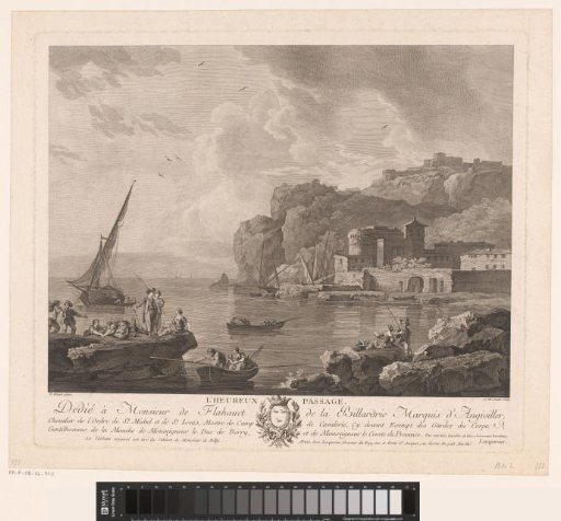 Rocky landscape with figures and boats on a coast