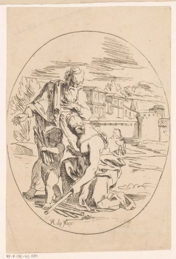 Standing old man beside a kneeling woman and child carrying sticks