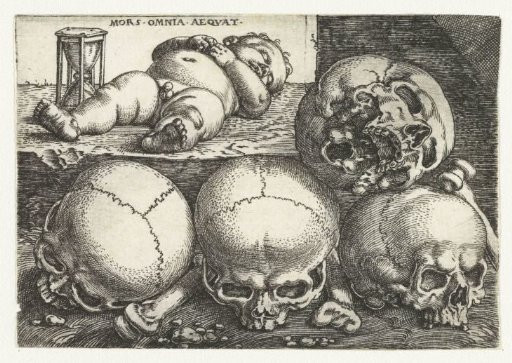 Sleeping Child with Hourglass and Four Skulls