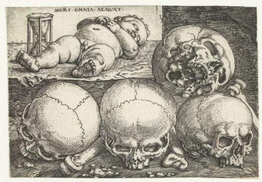 Sleeping Child with Hourglass and Four Skulls