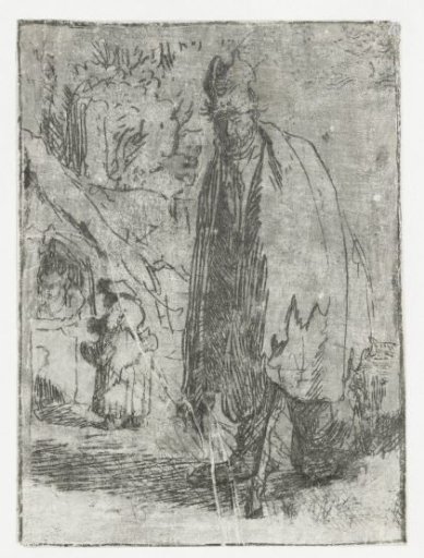 Beggar with a cottage and two figures in the background