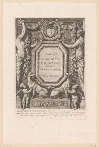 Title print with caryatids, putti and dogs in a frame