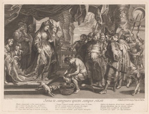 Tomyris dips the head of Cyrus in a basin of blood