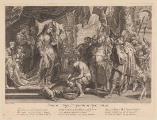 Tomyris dips the head of Cyrus in a basin of blood