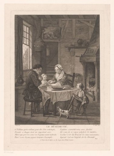 Interior with family blessing the food at the table