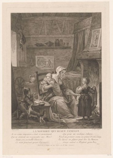 Interior with nurse and children at the fireplace