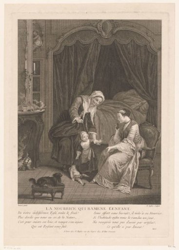 Interior of a bedroom with nurse, mother and child