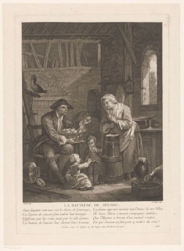 Interior with a woman churning butter and a man with an egg basket