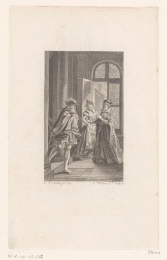 Two women at an open window greet a man