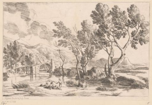 River landscape with bridge and fishermen