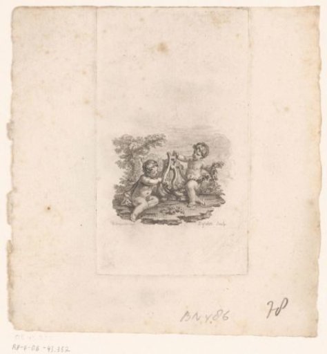 Vignette with putti decorating lyres with floral garlands