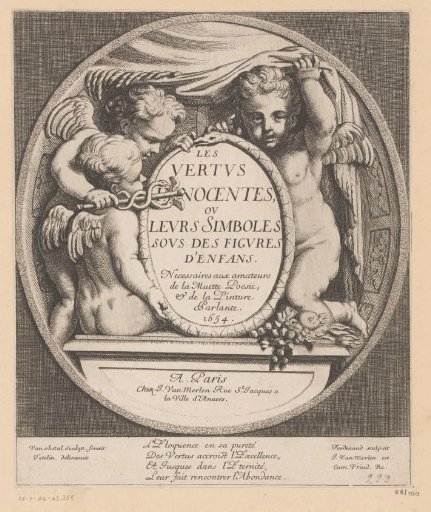 Title in a frame with a snake held by putti