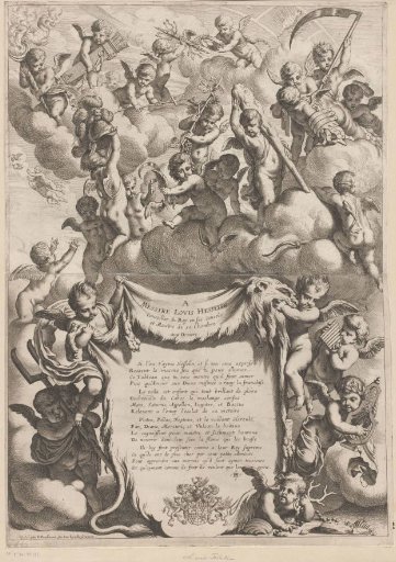 Mythological Figures in the Guise of Putti Around a Frame with Inscription